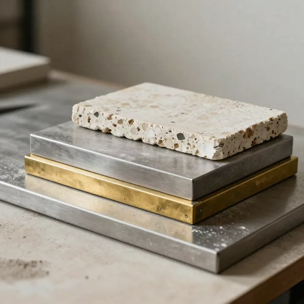 Muestras de piedra, terrazo, acero cepillado y latón envejecido sobre metal satinado, con polvo de tiza.