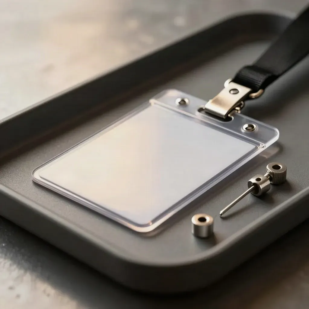 Macro de una acreditación rígida con clip de aluminio y separadores metálicos sobre fondo grafito.
