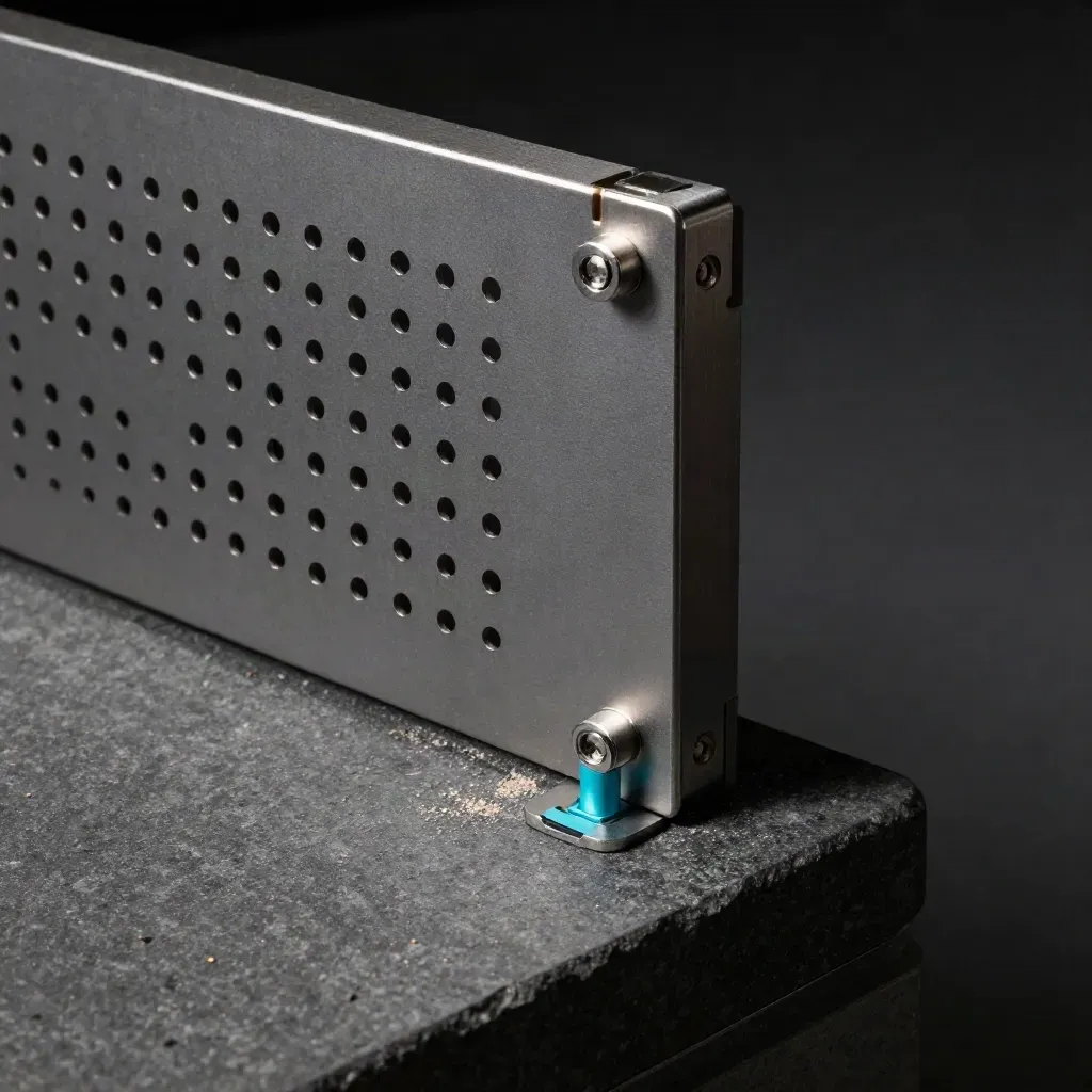 Módulo de esquina de stand con conectores de aluminio y base de piedra oscura.