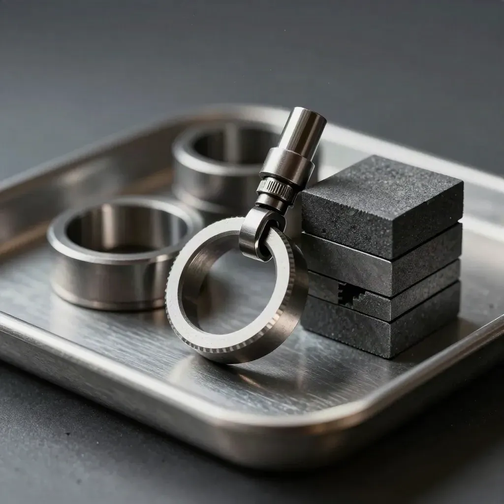 Anillos metálicos, bloques modulares y un conector sobre acero cepillado.