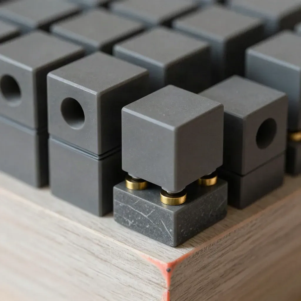 Cubos modulares grises con separadores de latón sobre madera clara y base de piedra pulida.